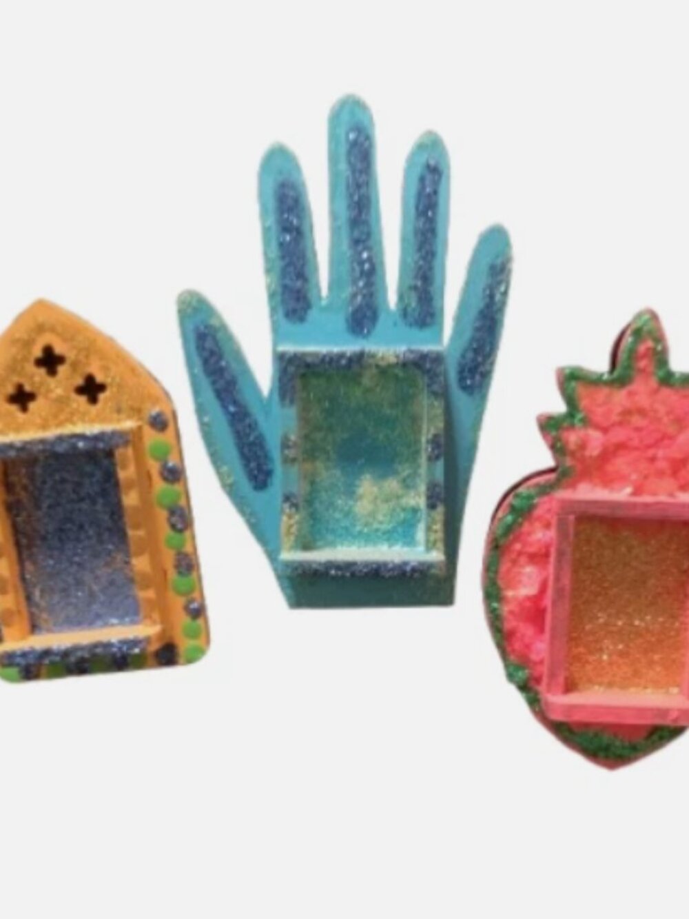 Miniature Handmade Wooden Glitter Decorated Niche Set of 3, Folk Art, Magnets